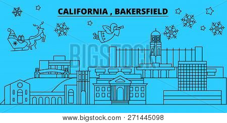 United States, Bakersfield Winter Holidays Skyline. Merry Christmas, Happy New Year Decorated Banner