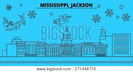 United States, Jackson Winter Holidays Skyline. Merry Christmas, Happy New Year Decorated Banner Wit