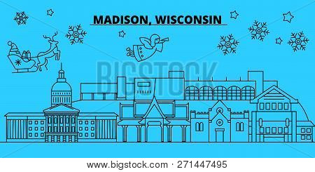 United States, Madison Winter Holidays Skyline. Merry Christmas, Happy New Year Decorated Banner Wit
