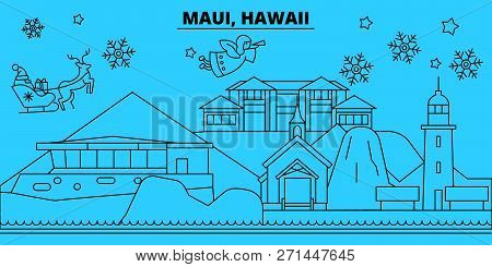 United States, Maui Winter Holidays Skyline. Merry Christmas, Happy New Year Decorated Banner With S