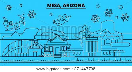 United States, Mesa Winter Holidays Skyline. Merry Christmas, Happy New Year Decorated Banner With S