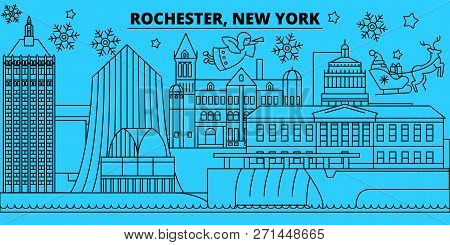 United States, Rochester Winter Holidays Skyline. Merry Christmas, Happy New Year Decorated Banner W