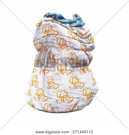 Santa Clauss Bag Or Sack With Christmas Word Lettering Made By Watercolor , Full Of Gifts, On White 