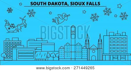 United States, Sioux Falls Winter Holidays Skyline. Merry Christmas, Happy New Year Decorated Banner