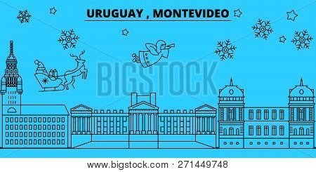 Uruguay, Montevideo Winter Holidays Skyline. Merry Christmas, Happy New Year Decorated Banner With S