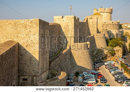 Dubrovnik, Croatia - 20.10.2018: Minceta Tower And Dubrovnik Medieval Old Town City Walls At Sunset 