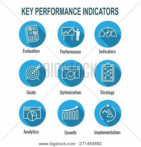 Kpi - Key Performance Indicators Icon Set With Evaluation, Growth, & Strategy, Etc