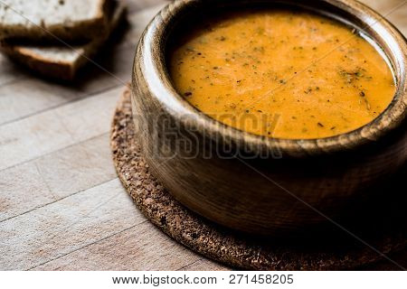 Turkish Lepe Soup In A Wooden Bowl.