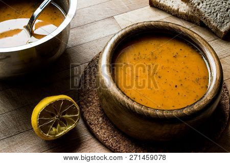 Turkish Lepe Soup In A Wooden Bowl.