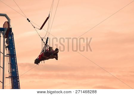Orlando, Florida.  November 02, 2018. People Flying On The Tallest Sky Coaster In The World In Sky L