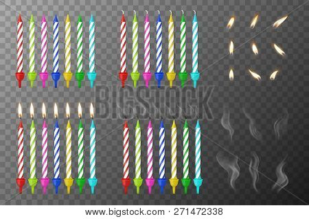 Vector 3d Realistic Different Birthday Party Colofful Wax Paraffin Whole, Burning And Extinguished C