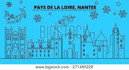 France, Nantes Winter Holidays Skyline. Merry Christmas, Happy New Year Decorated Banner With Santa 