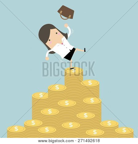 Businesswoman Falling Of Money Mountain. Vector Illustration
