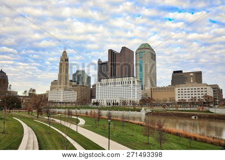 Columbus, Ohio sits along the banks of the Scioto River.  The Scioto Mile Park offers beautiful views of the downtown city skyline.