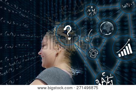 Artificial Intelligence. Young Blond Woman In Composition On The Subject Of Future Technologies Arti