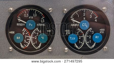 Dashboard dial display preassure in cabin of the Soviet spacecraft