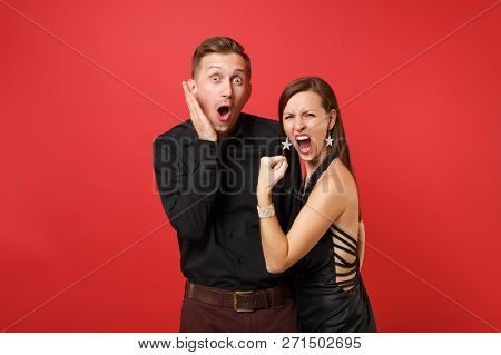 Fun Expression Young Couple In Black Clothes Shirt Dress Celebrating Birthday Holiday Party Isolated