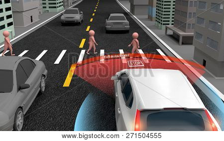 Emergency Braking Assist (eba) Sysyem To Avoid Car Crash Concept. Smart Car Technology, 3d Rendering