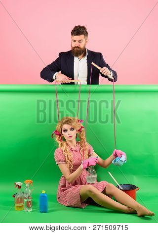 Holidays And Doll. Dominance And Dependence. Vintage Fashion Women Puppet And Man. Housewife. Fun Ti