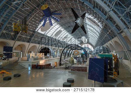Moscow, Russia - November 28, 2018: Interior of the Space pavilion at VDNH