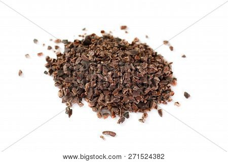 Heap Of Cacao Nibs, Isolated On White Background, Top View. Heap Of Cacao Nibs, Isolated On White Ba