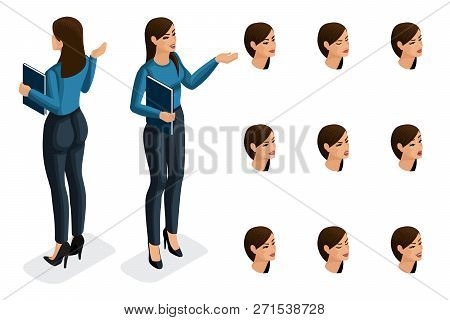 Quality Isometry, 3d Business Lady, In Strict Stylish Clothing. Character, A Girl With A Set Of Emot
