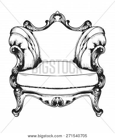 Baroque Furniture Rich Armchair. Royal Style Decotations. Victorian Ornaments Engraved. Imperial Fur