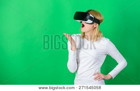 Woman Watching Virtual Reality Vision. Excited Smiling Businesswoman Wearing Virtual Reality Glasses
