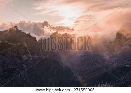 Amazing Sunset Landscape View To Famous Maska Canyon In Rural Park Teno On Tenerife Island Spain