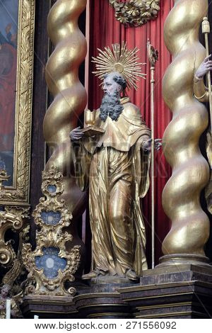 BRONNBACH, GERMANY - JULY 07, 2018: Saint Benedict statue on the main altar in Cistercian Abbey of Bronbach in Reicholzheim near Wertheim, Germany