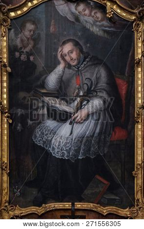 BRONNBACH, GERMANY - JULY 07, 2018: Saint John of Nepomuk, altarpiece in Cistercian Abbey of Bronbach in Reicholzheim near Wertheim, Germany