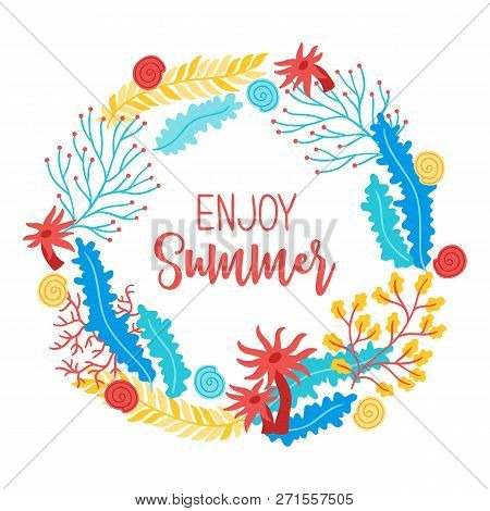 Ocean Wreath With Shells, Polyp And Seaweed On White Background. Perfect For Holiday Invitations And