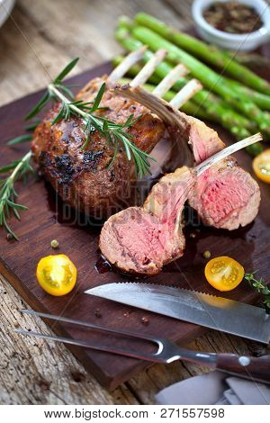 Beautifully Grilled Lamb Rib Chop Steaks, Medium Rare .