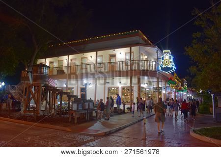 Orlando, Florida.  November 21 , 2018 . Small Artificial Mine And Illuminated Old Building At Old To