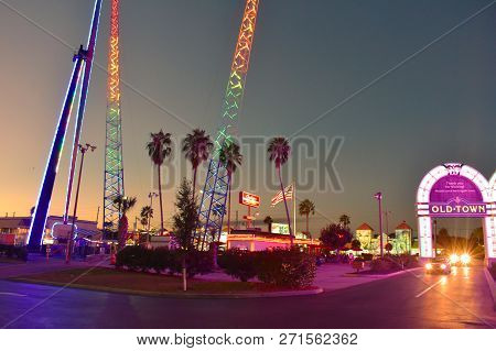 Orlando, Florida. November 08, 2018 Colorful Attractions And Arch Of Old Town Main Entrance In Kissi