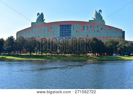 Orlando, Florida. November 15, 2018 Panoramic View Of Colorful Hotel At Lake Buena Vista Area