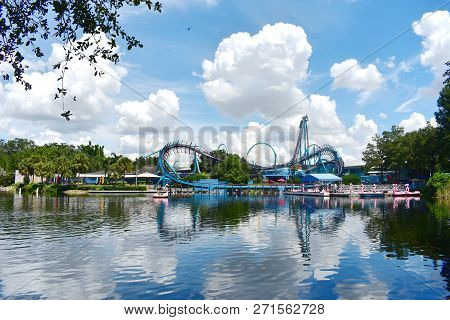 Orlando, Florida. November 15, 2018 Panoramic View Of Mako And Kraken Rollercoaster In Seaworld Them