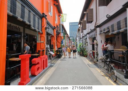 Singapore - November 16, 2018: Unidentified People Visit Haji Lane In Singapore.