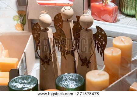 Christmas Decoration On A Desk At A Christmas Market. Merry Christmas, Wooden Decotration;