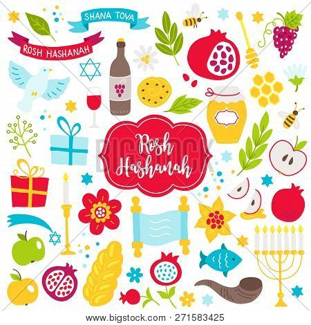 Rosh Hashanah Jewish New Year Design Elements. Honey, Bee, Apple, Pomegranate, Fish,wine, Bread, Hon