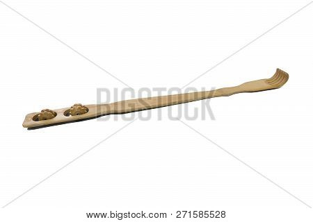 Wooden Backscratcher With Massager, Isolated On White Background.