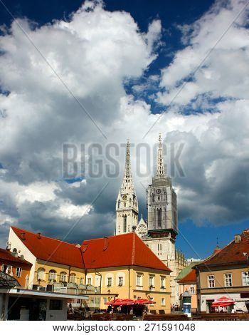 Cathedral in Zagreb wih market Dolac in front