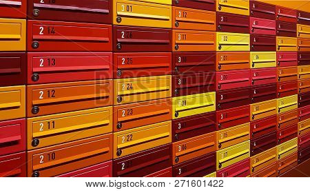 Multicolored Mail Boxes Filled Of Numbers. Closed Up.