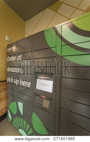 Side View Of Amazon Locker Self-service Parcel Delivery, Pickup At Whole Foods Store