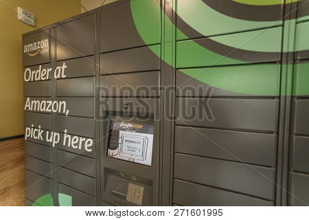 Side View Of Amazon Locker Self-service Parcel Delivery, Pickup At Whole Foods Store