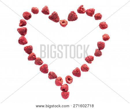 Freeze Dried Raspberries On A White Background In The Form Of Heart. Lyophilization. Food For Astron