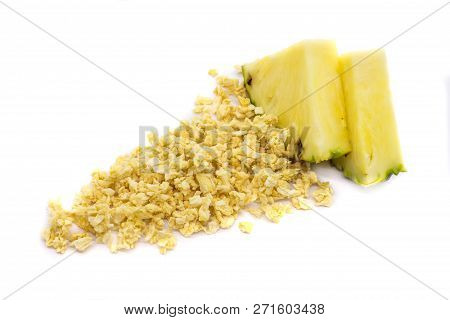 Freeze Dried And Fresh Pineapple Ananas On A White Background. Lyophilization. Food For Astronauts. 