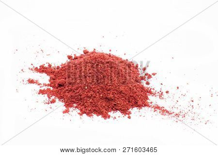 Freeze Dried Strawberries On A White Background, Powder Lyophilization. Food For Astronauts. Isolate