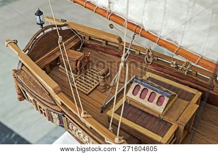 Aft Part Of The Scale Model Of Sailing Vessel, Which Is Called Quarterdeck