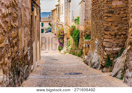 View Of A Narrow Street In Capdepera, Small Old Town On Majorca, Spain